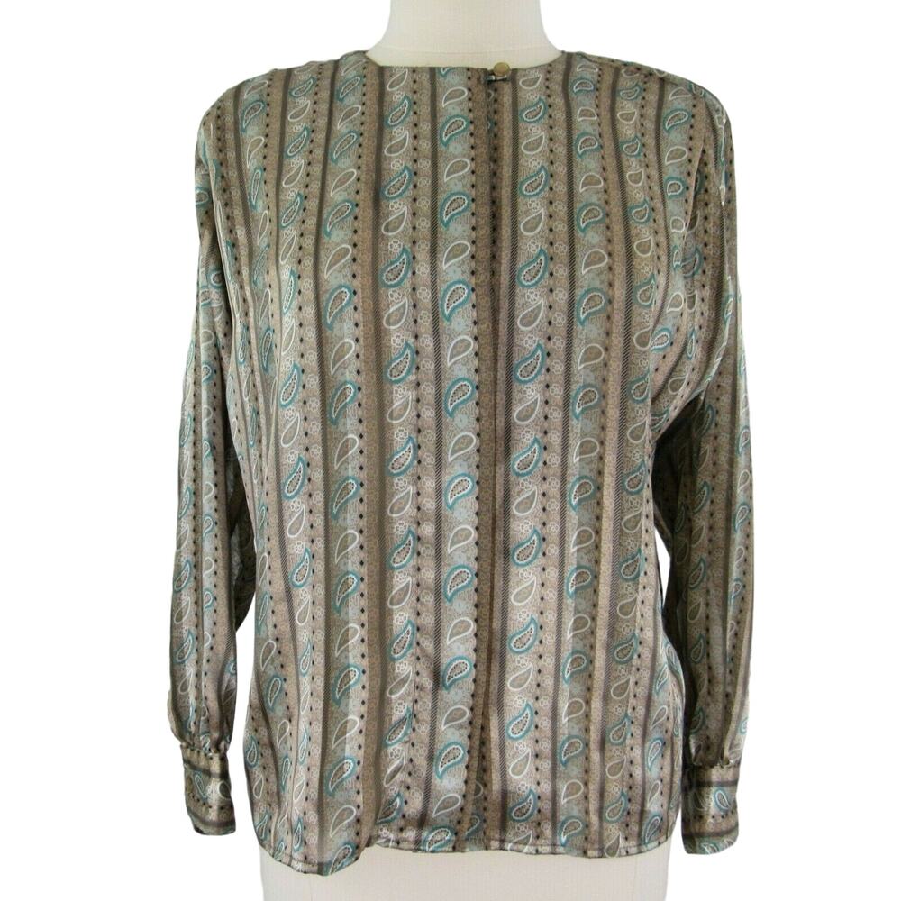Jenny B. Satiny Blouse Long Sleeve Career Button Front Size Large Crewneck